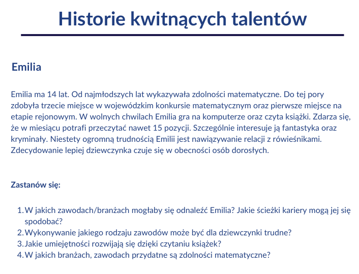 Talenty i zdolności Emilii - Historia kwitnących talentów - scenariusz lekcji - Mapa Karier