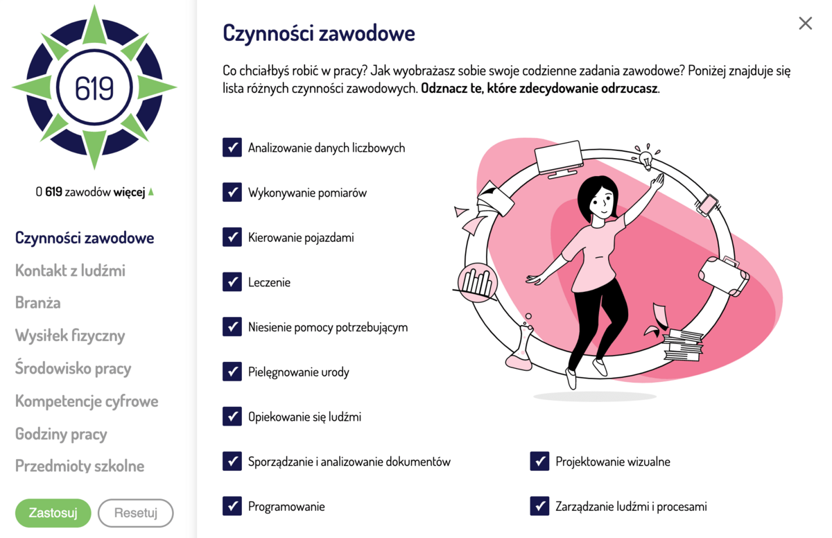 Filtr preferencji - czynnosci zawodowe